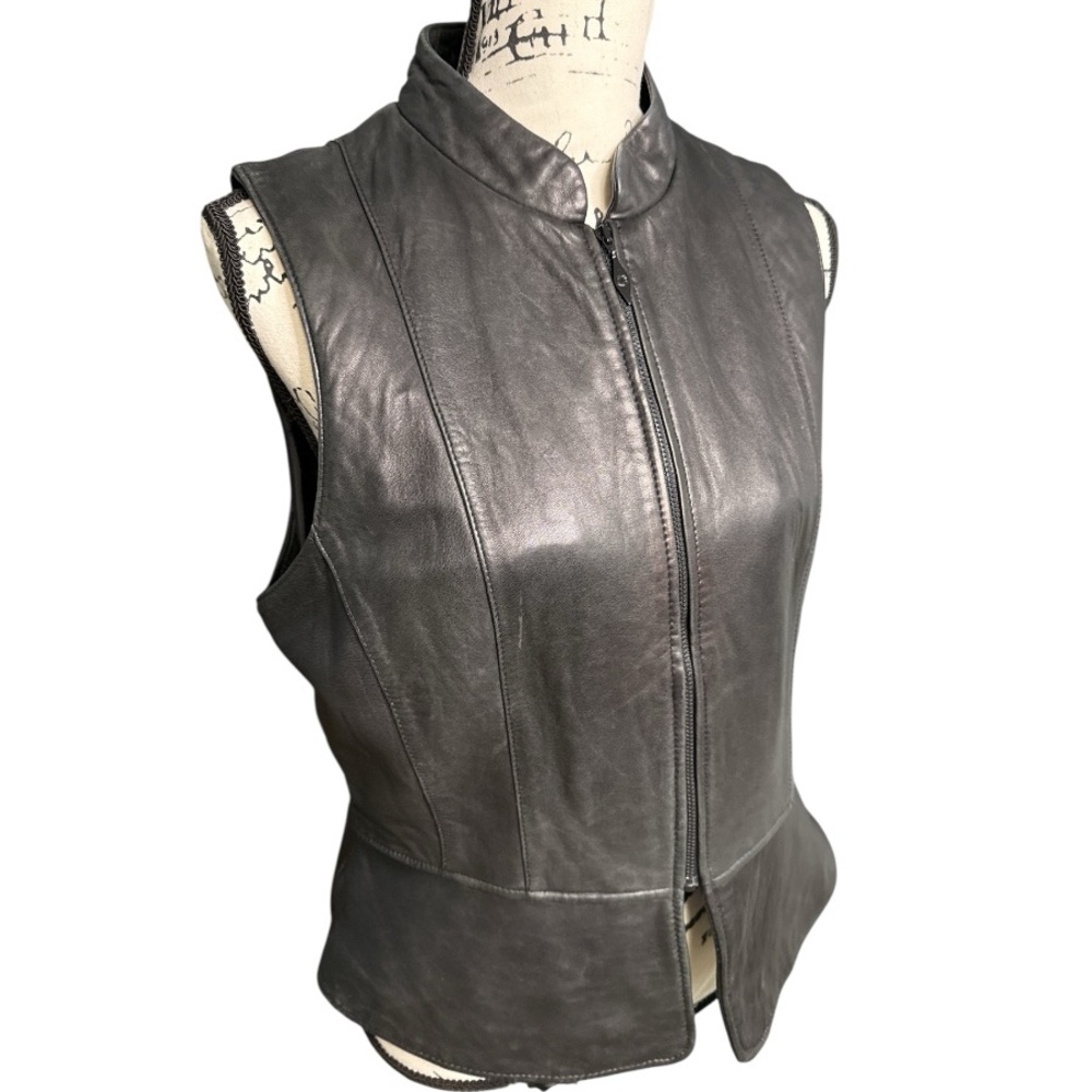 Jacqueline Ferrar Jet Black Leather Moto Biker Vest Full Zip Classic Fit Size 12